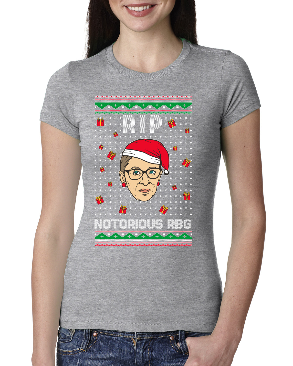 RIP Notorious RBG Ruth Bader Ginsburg Ugly Christmas Sweater Womens Slim Fit Junior Tee
