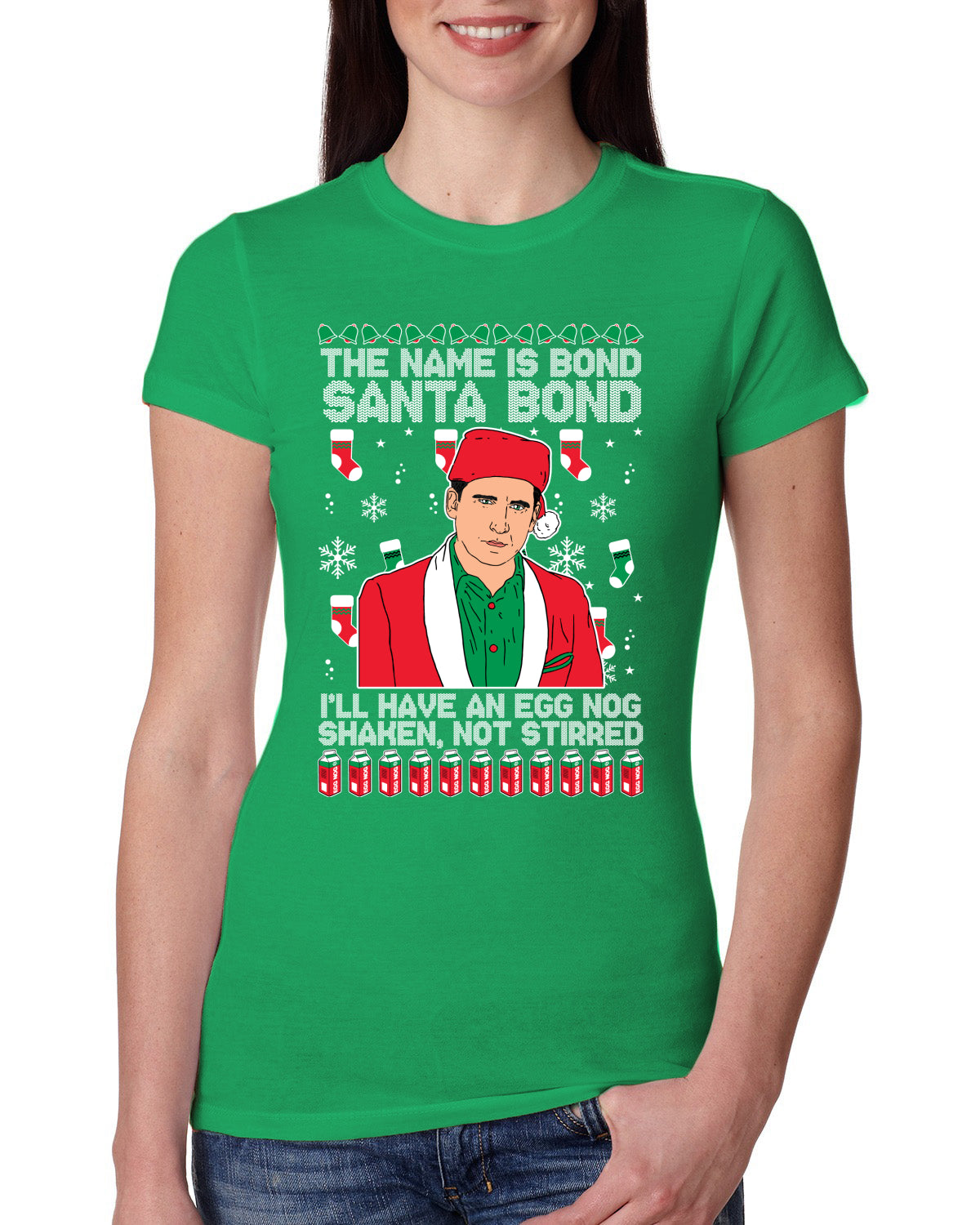 Michael Scott The Name is Bond Santa Bond Ugly Christmas Sweater Womens Slim Fit Junior Tee