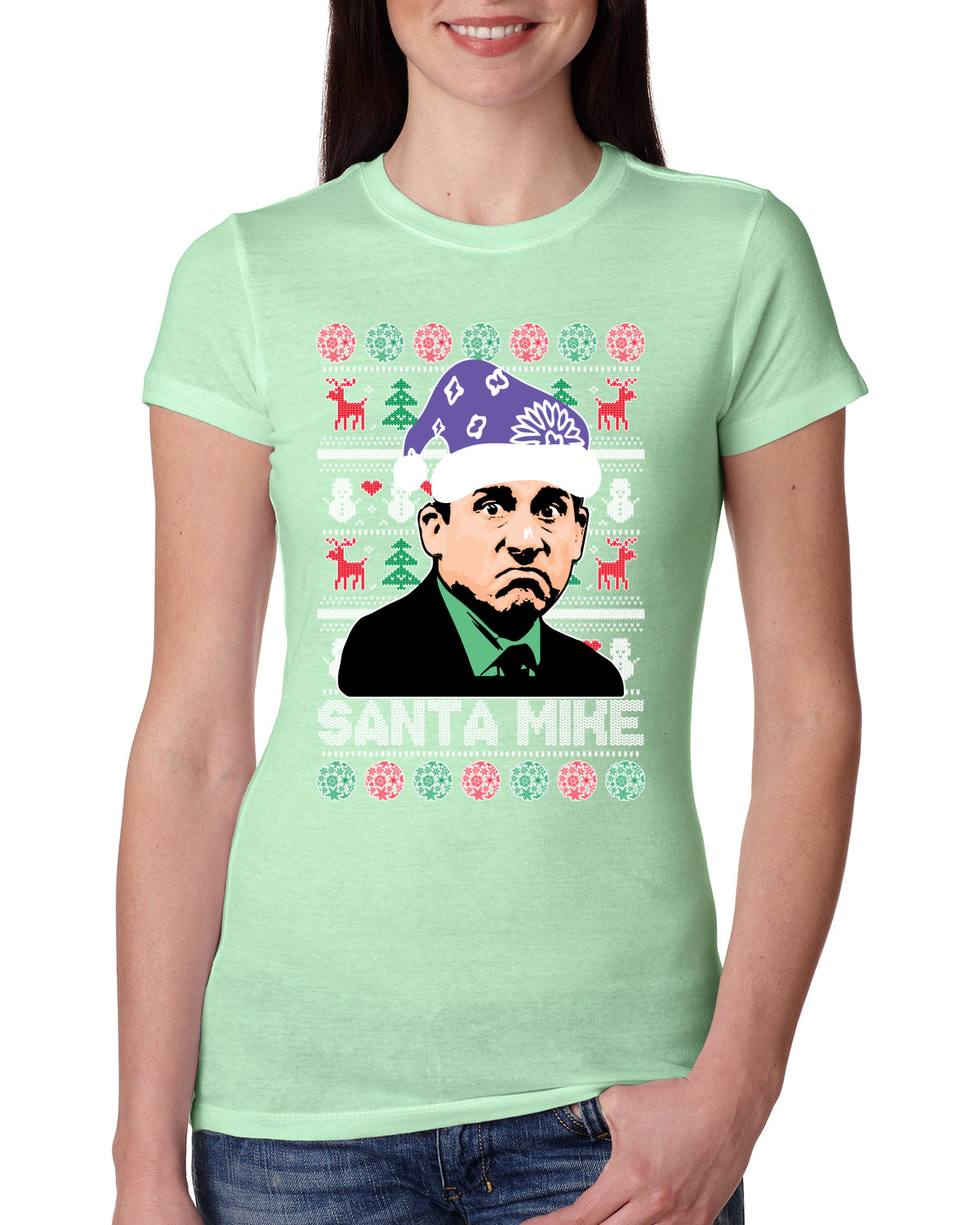 Santa Mike Michael Scott The Office Ugly Christmas Sweater Womens Slim Fit Junior Tee