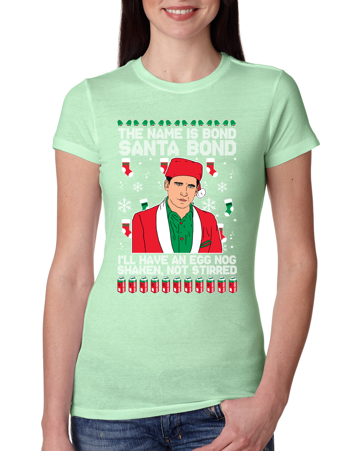 Michael Scott The Name is Bond Santa Bond Ugly Christmas Sweater Womens Slim Fit Junior Tee