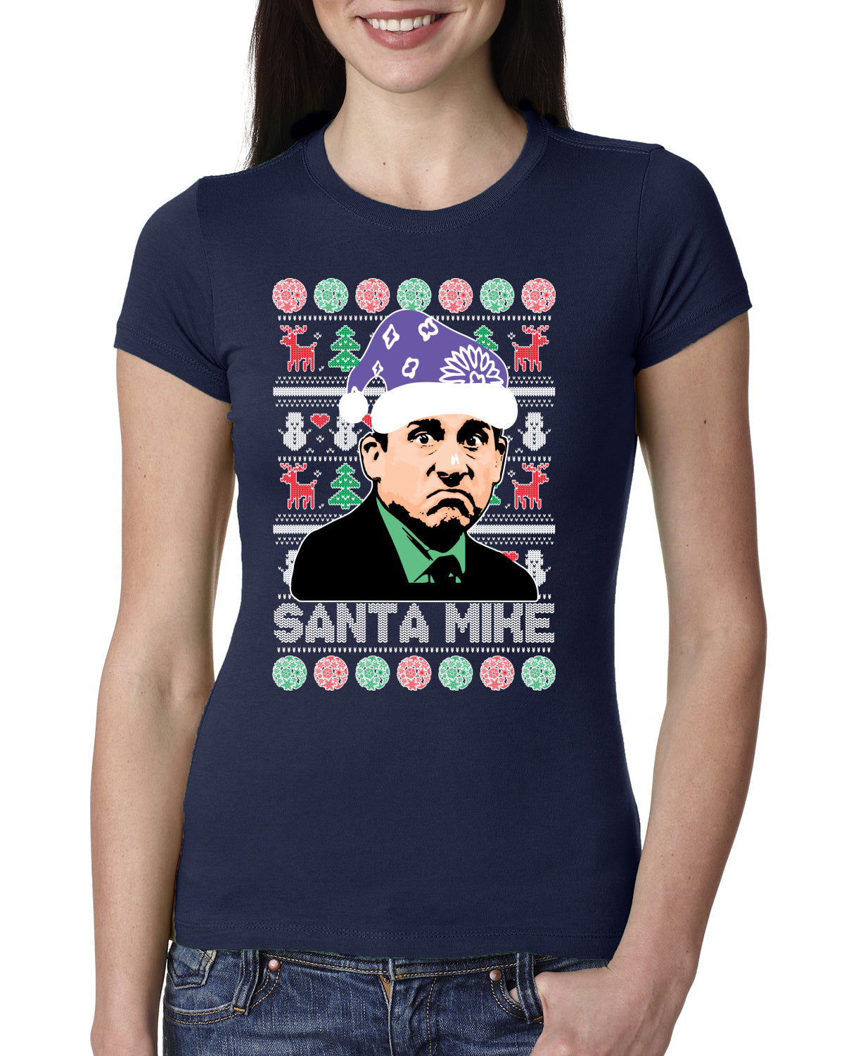 Santa Mike Michael Scott The Office Ugly Christmas Sweater Womens Slim Fit Junior Tee