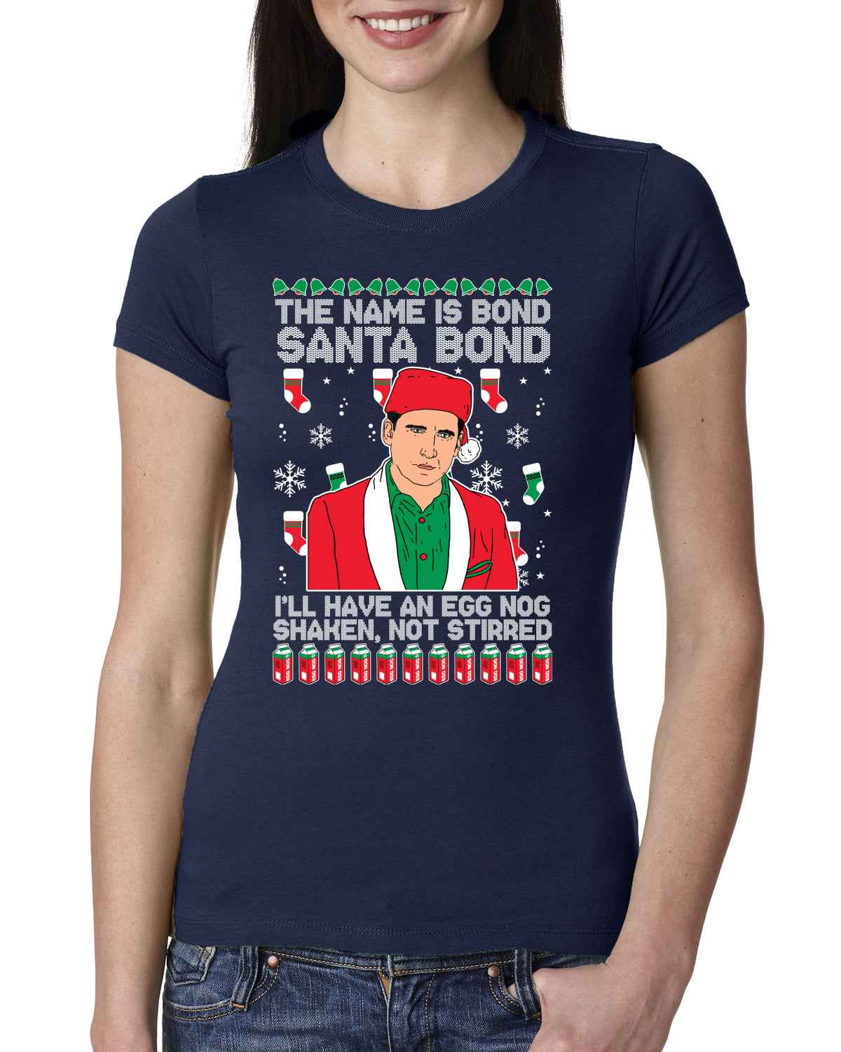 Michael Scott The Name is Bond Santa Bond Ugly Christmas Sweater Womens Slim Fit Junior Tee