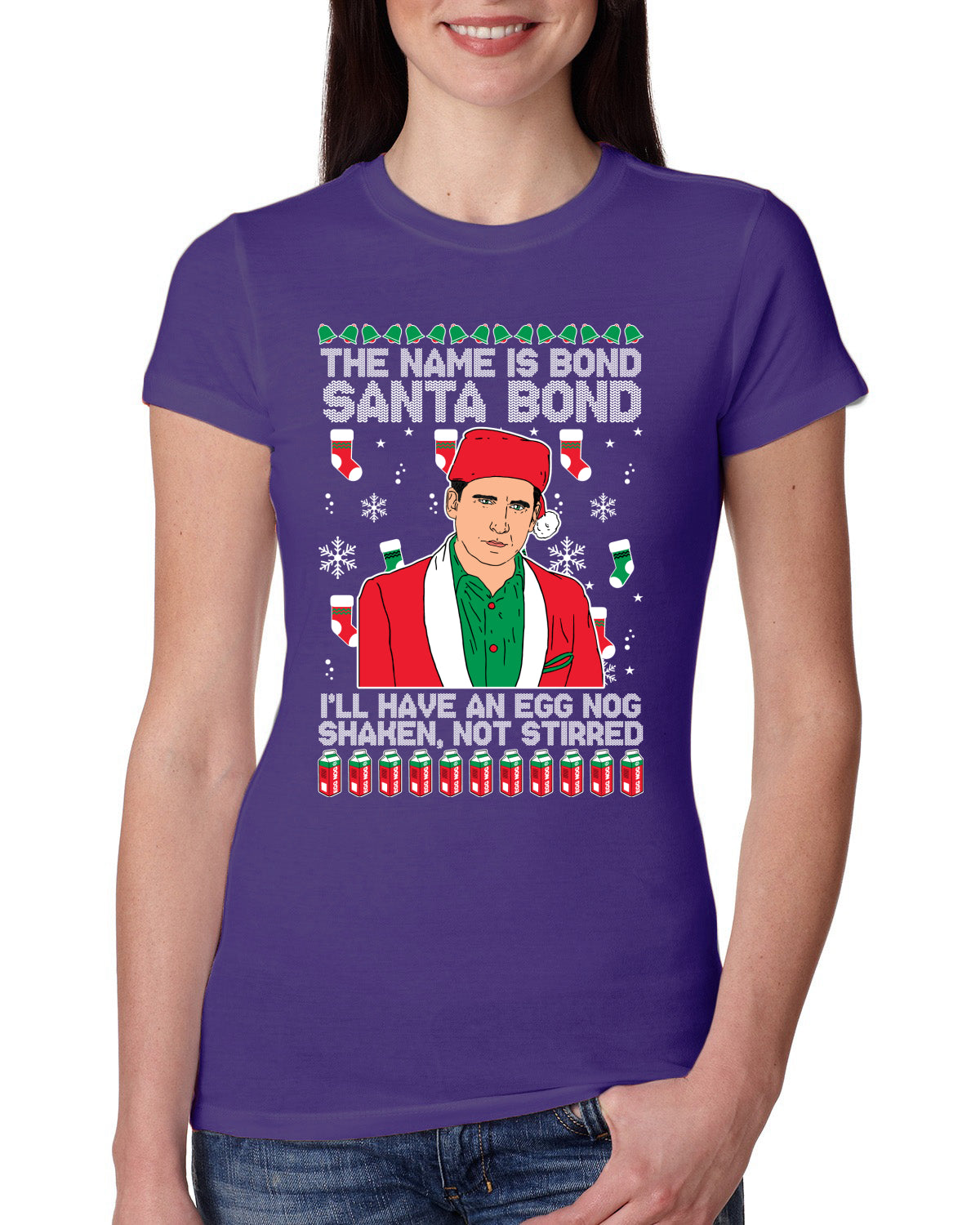 Michael Scott The Name is Bond Santa Bond Ugly Christmas Sweater Womens Slim Fit Junior Tee