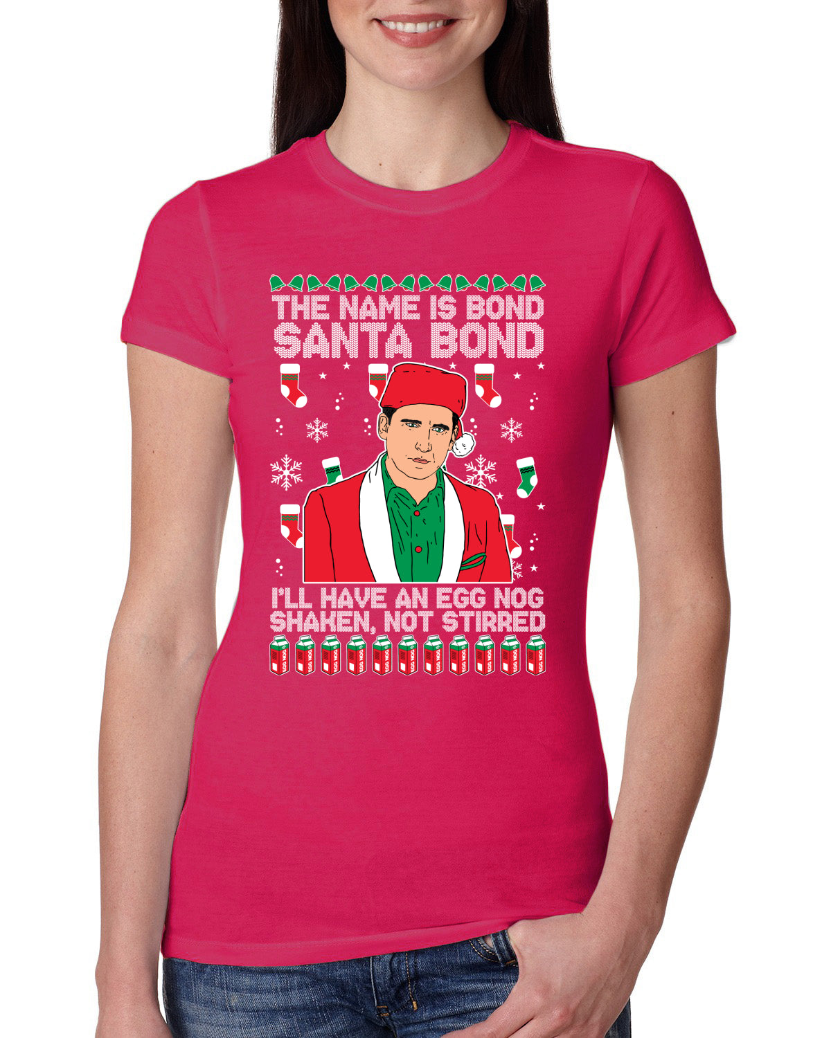 Michael Scott The Name is Bond Santa Bond Ugly Christmas Sweater Womens Slim Fit Junior Tee