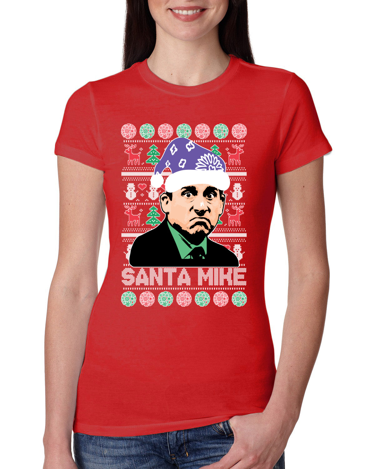 Santa Mike Michael Scott The Office Ugly Christmas Sweater Womens Slim Fit Junior Tee