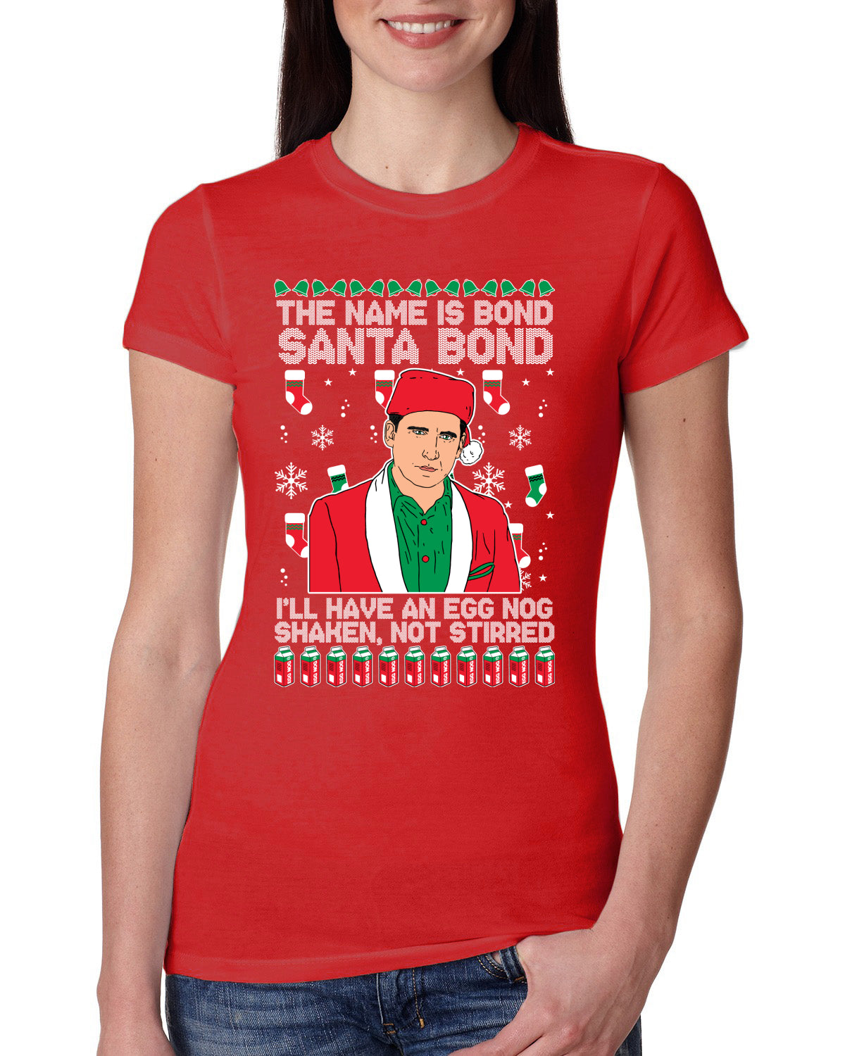 Michael Scott The Name is Bond Santa Bond Ugly Christmas Sweater Womens Slim Fit Junior Tee
