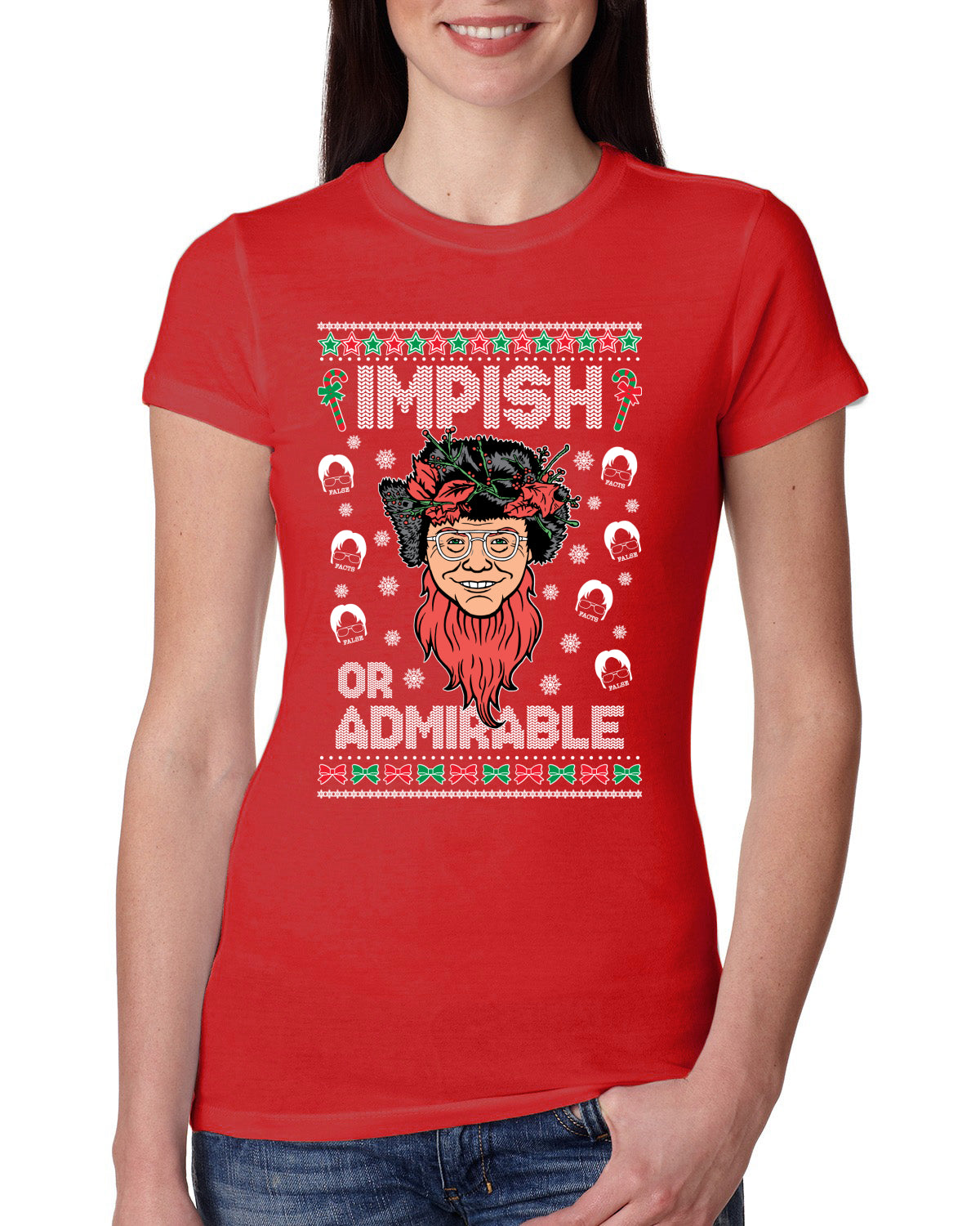 Impish or Admirable Dwight Schrute Ugly Christmas Sweater Womens Slim Fit Junior Tee