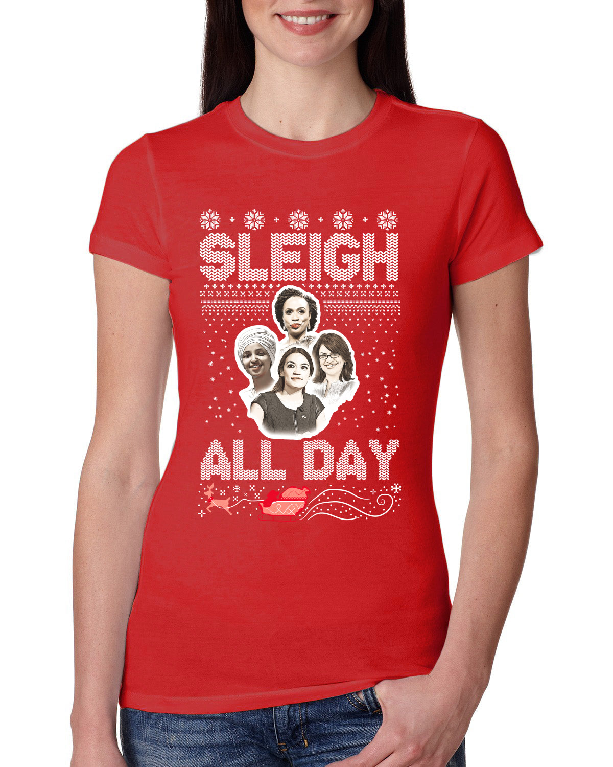 AOC The Squad Congresswomen Sleigh All Day Xmas Ugly Christmas Sweater Womens Slim Fit Junior Tee