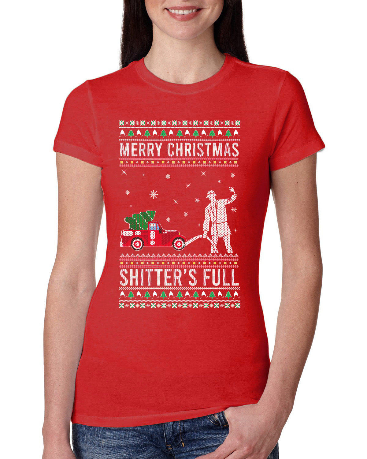 Merry Christmas Shitter's Full Christmas Vacation Ugly Christmas Sweater Womens Slim Fit Junior Tee