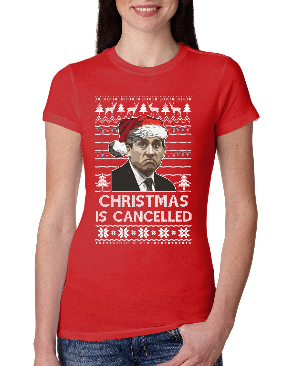 Christmas Is Cancelled Michael Scott Office Ugly Christmas Sweater Womens Slim Fit Junior Tee