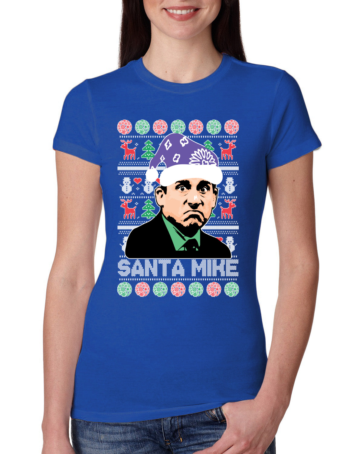 Santa Mike Michael Scott The Office Ugly Christmas Sweater Womens Slim Fit Junior Tee