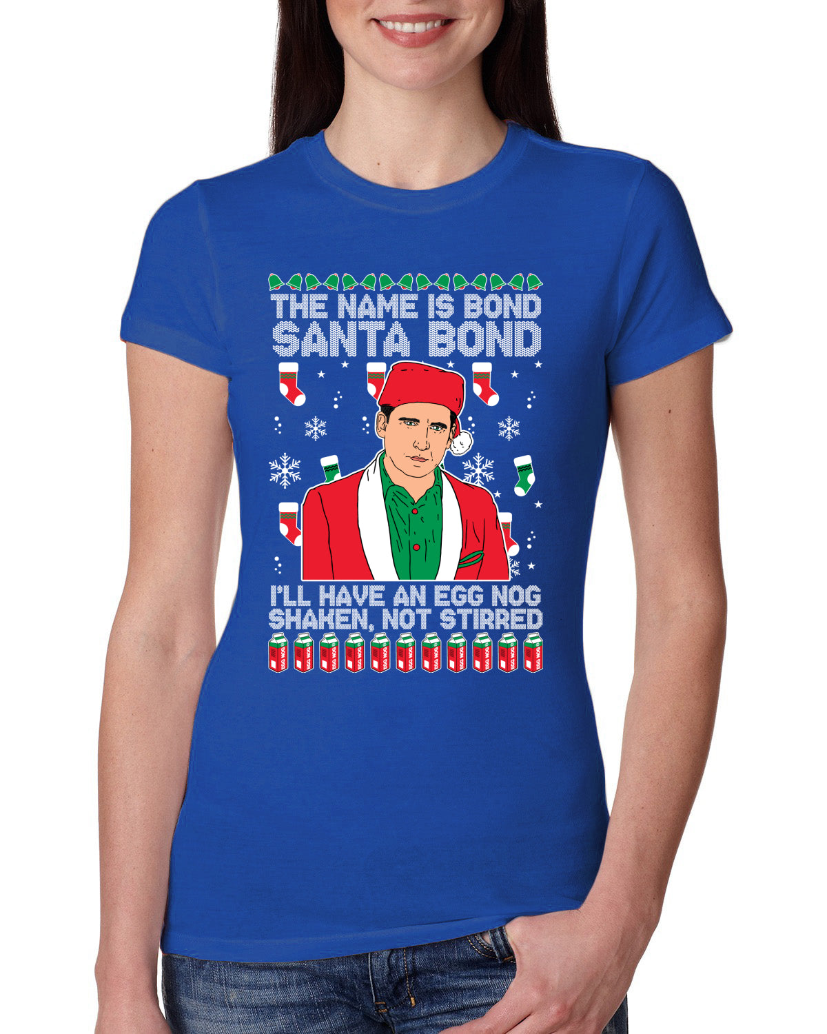 Michael Scott The Name is Bond Santa Bond Ugly Christmas Sweater Womens Slim Fit Junior Tee