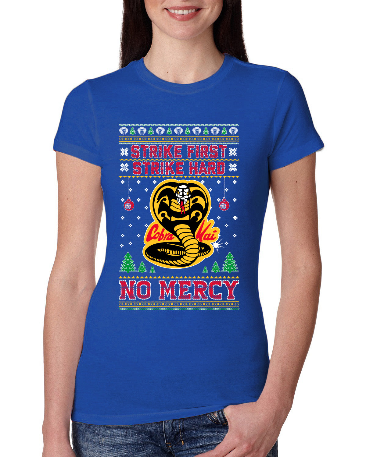 Strike First Strike Hard No Mercy Xmas Ugly Christmas Sweater Womens Slim Fit Junior Tee