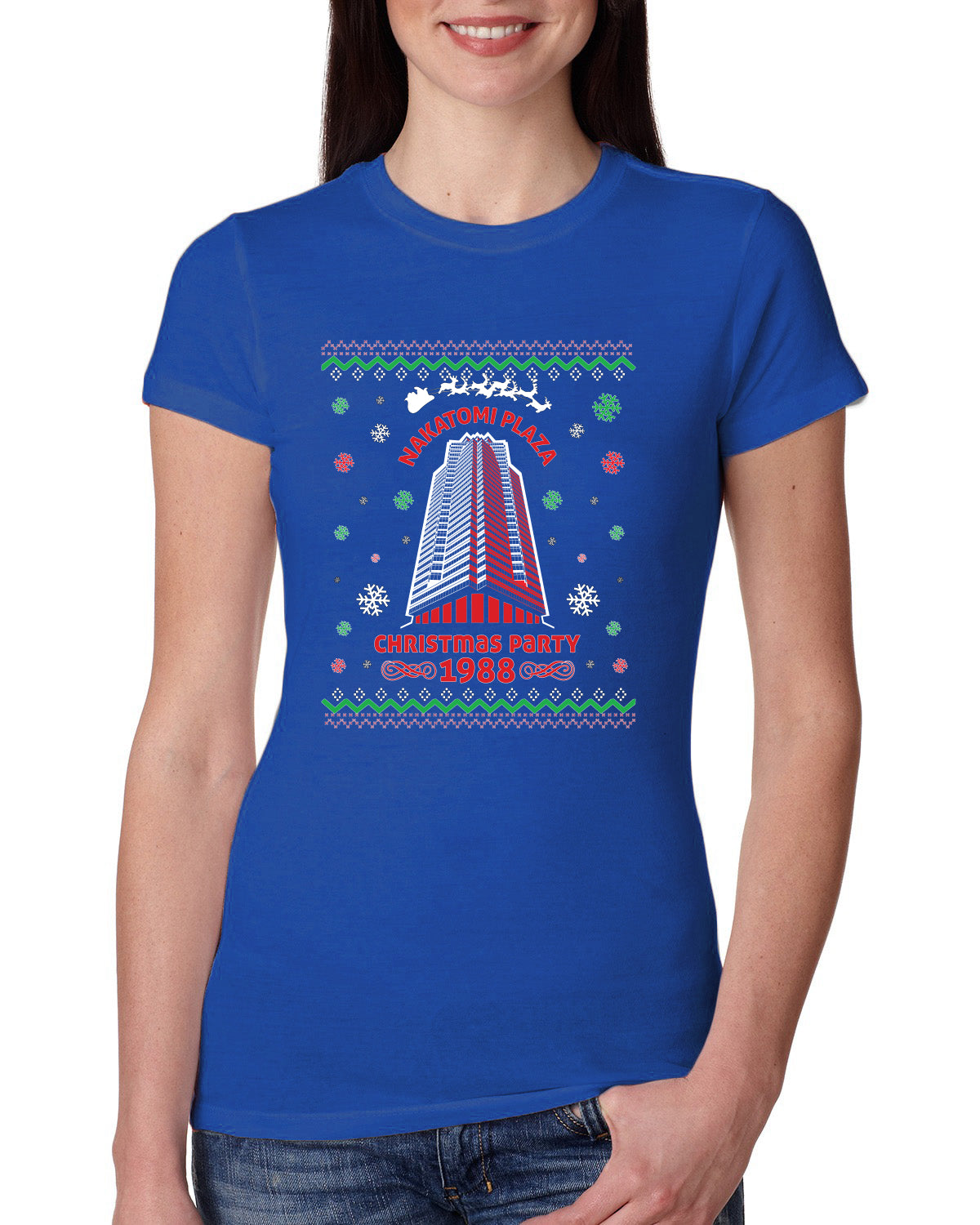 Nakatomi Plaza Christmas Party 1988 Ugly Christmas Sweater Womens Slim Fit Junior Tee