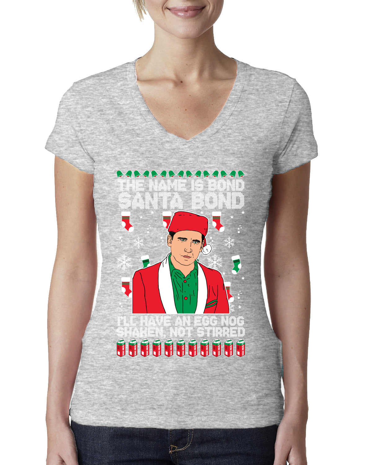 Michael Scott The Name is Bond Santa Bond Ugly Christmas Sweater Womens Junior Fit V-Neck Tee