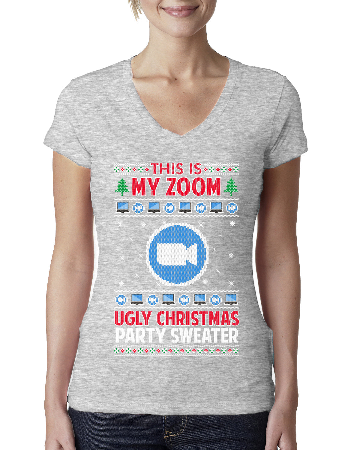 This Is My Zoom Ugly Christmas Party Sweater Ugly Christmas Sweater Womens Junior Fit V-Neck Tee