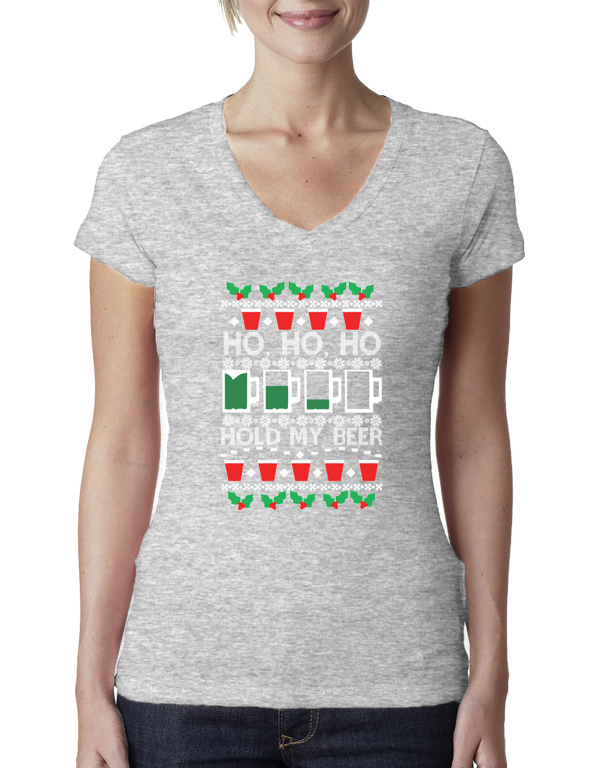 Ho Ho Ho Hold My Beer Funny Beer Drinking Xmas Christmas Womens Junior Fit V-Neck Tee
