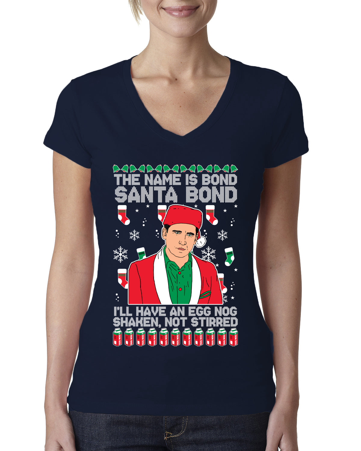 Michael Scott The Name is Bond Santa Bond Ugly Christmas Sweater Womens Junior Fit V-Neck Tee