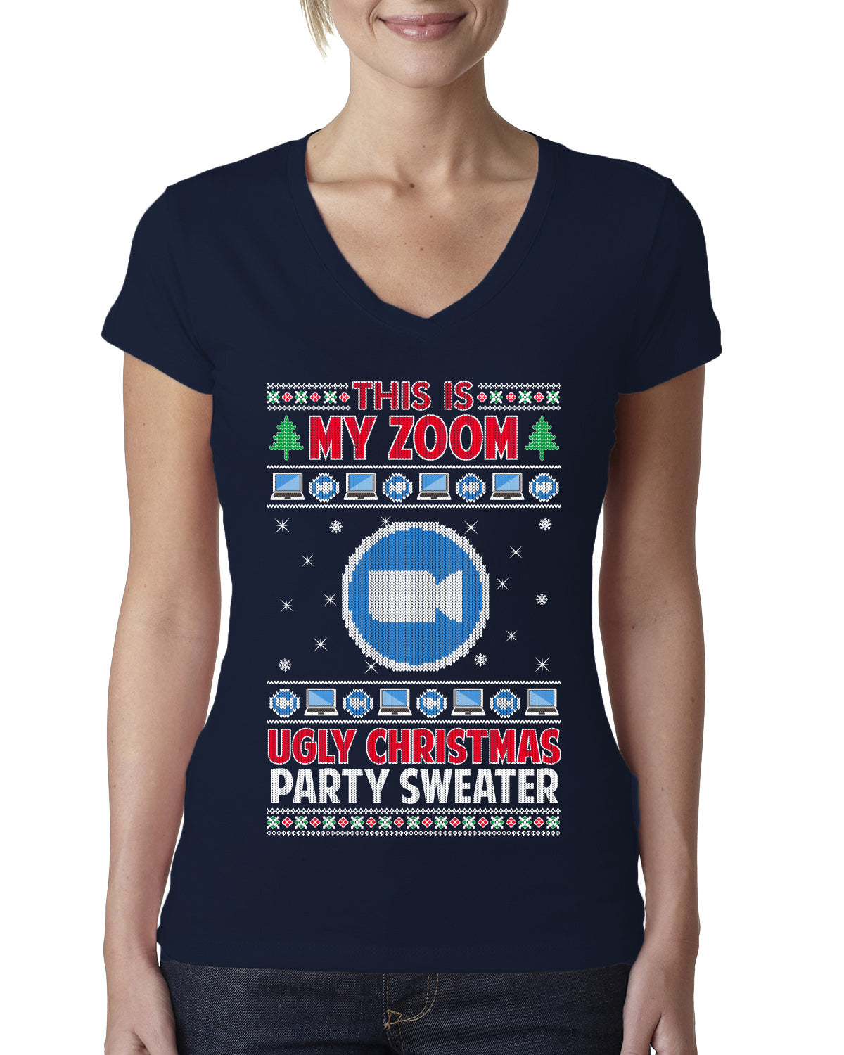 This Is My Zoom Ugly Christmas Party Sweater Ugly Christmas Sweater Womens Junior Fit V-Neck Tee