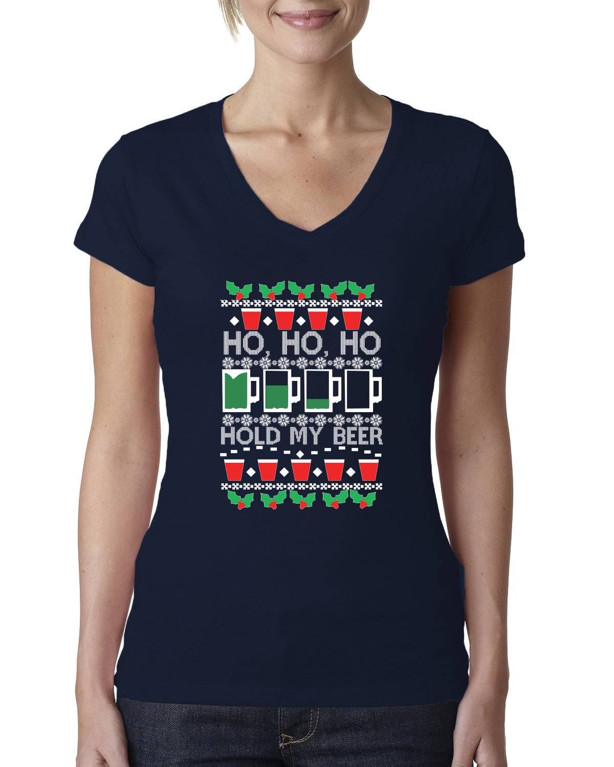 Ho Ho Ho Hold My Beer Funny Beer Drinking Xmas Christmas Womens Junior Fit V-Neck Tee