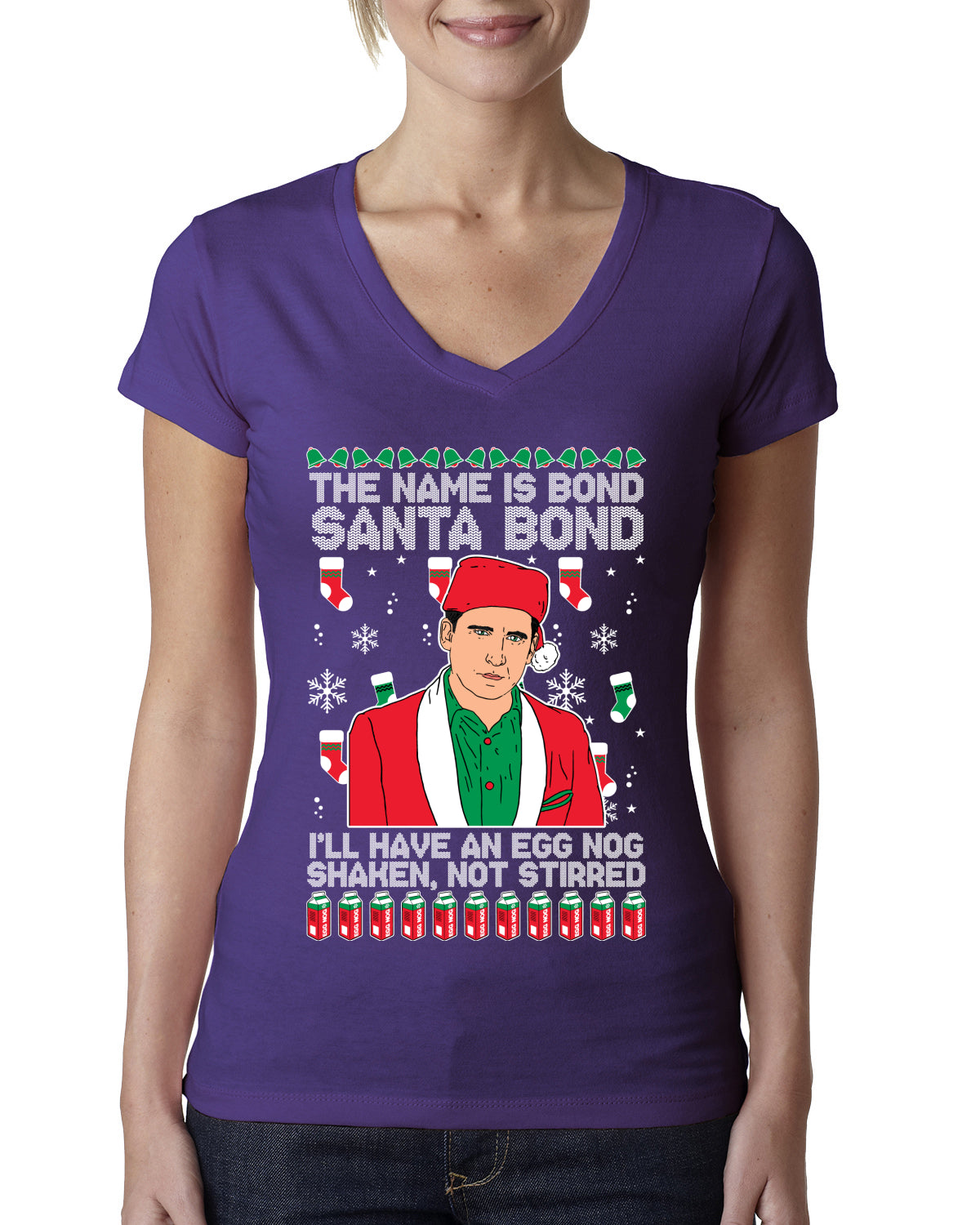 Michael Scott The Name is Bond Santa Bond Ugly Christmas Sweater Womens Junior Fit V-Neck Tee