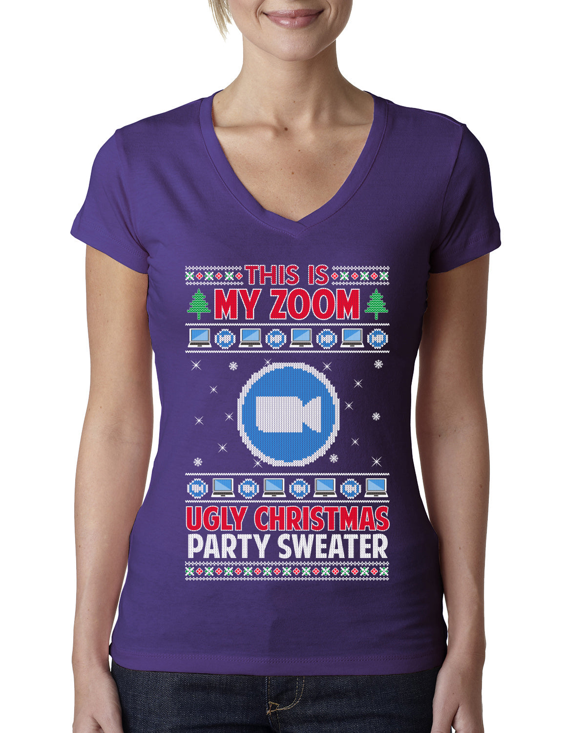 This Is My Zoom Ugly Christmas Party Sweater Ugly Christmas Sweater Womens Junior Fit V-Neck Tee
