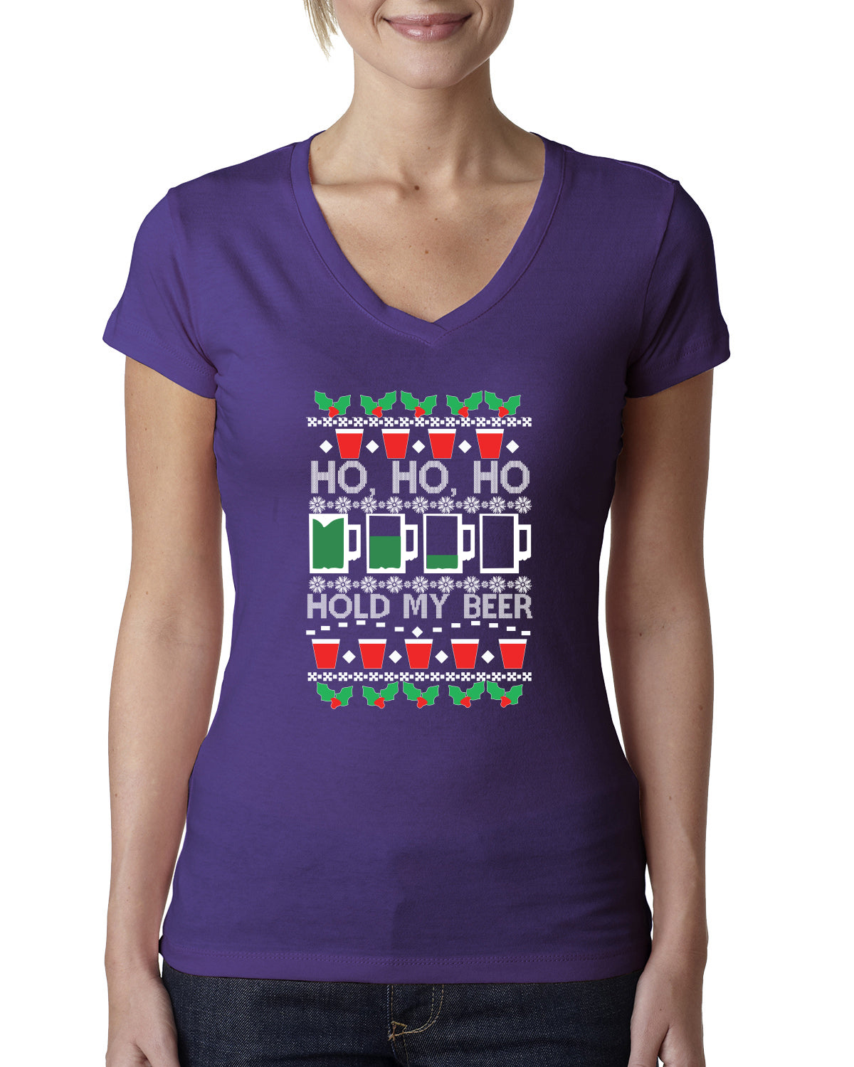 Ho Ho Ho Hold My Beer Funny Beer Drinking Xmas Christmas Womens Junior Fit V-Neck Tee