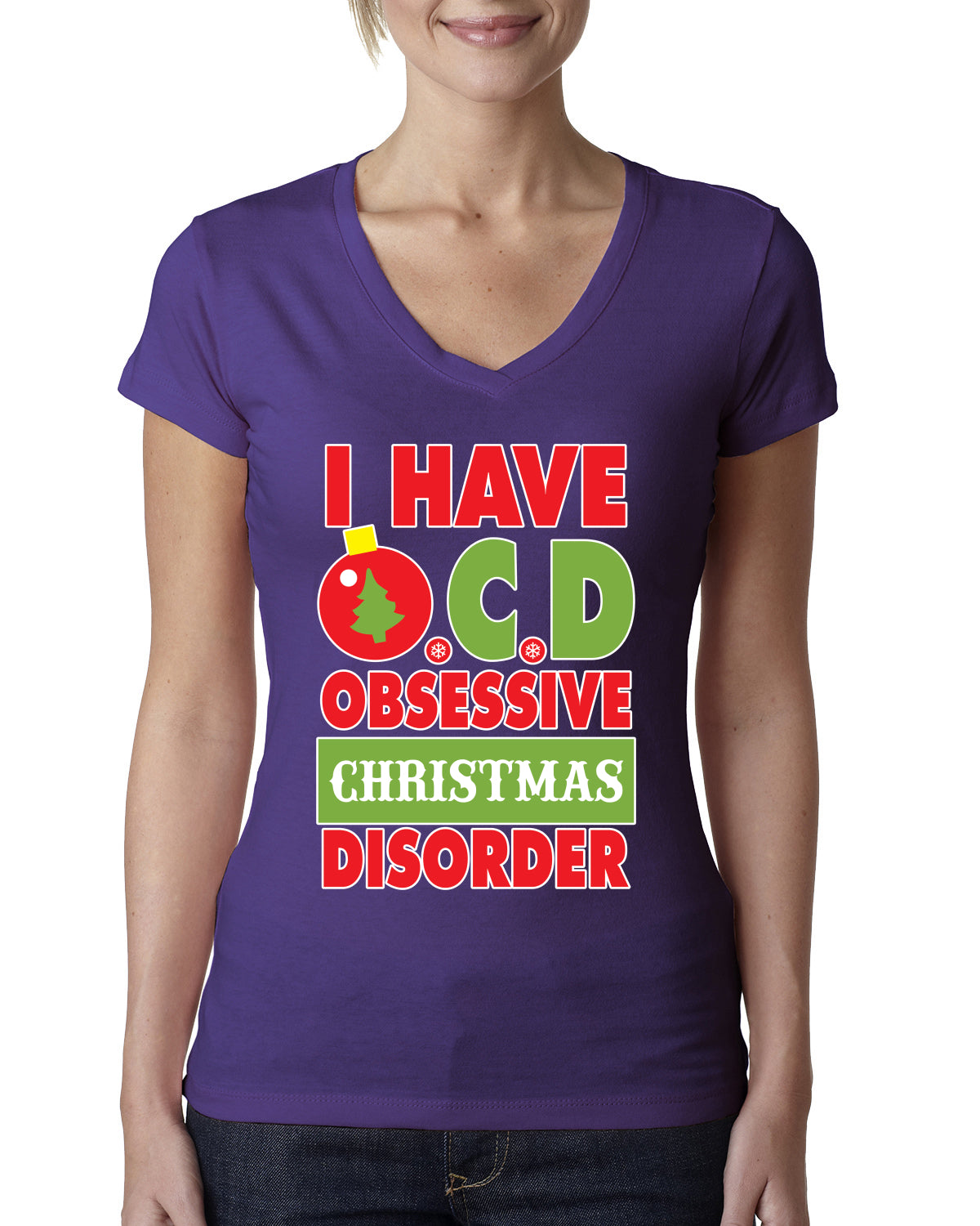 I Have O.C.D Obsessive Christmas Disorder Womens Junior Fit V-Neck Tee