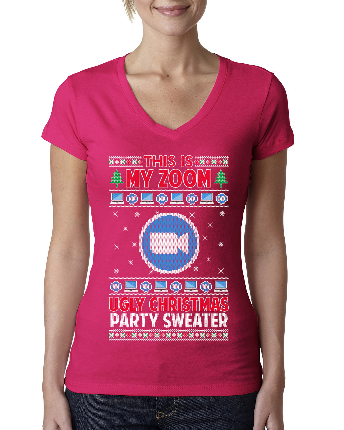 This Is My Zoom Ugly Christmas Party Sweater Ugly Christmas Sweater Womens Junior Fit V-Neck Tee