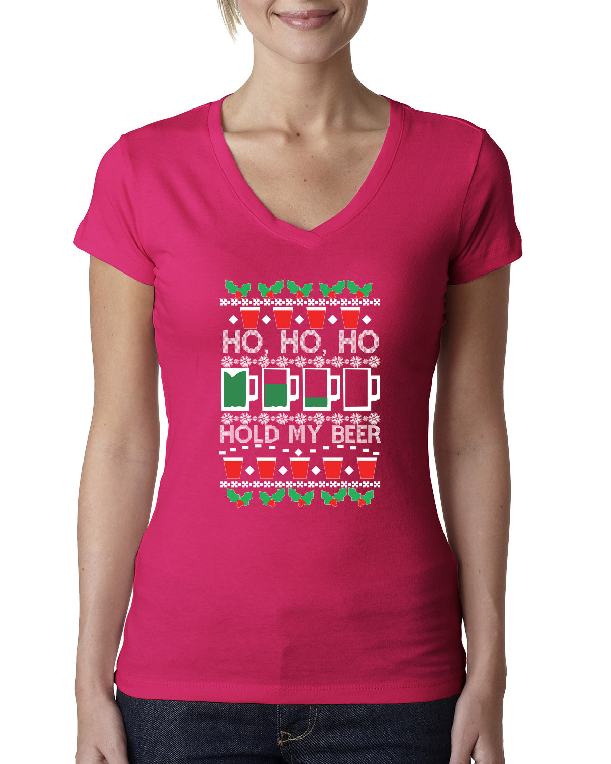 Ho Ho Ho Hold My Beer Funny Beer Drinking Xmas Christmas Womens Junior Fit V-Neck Tee