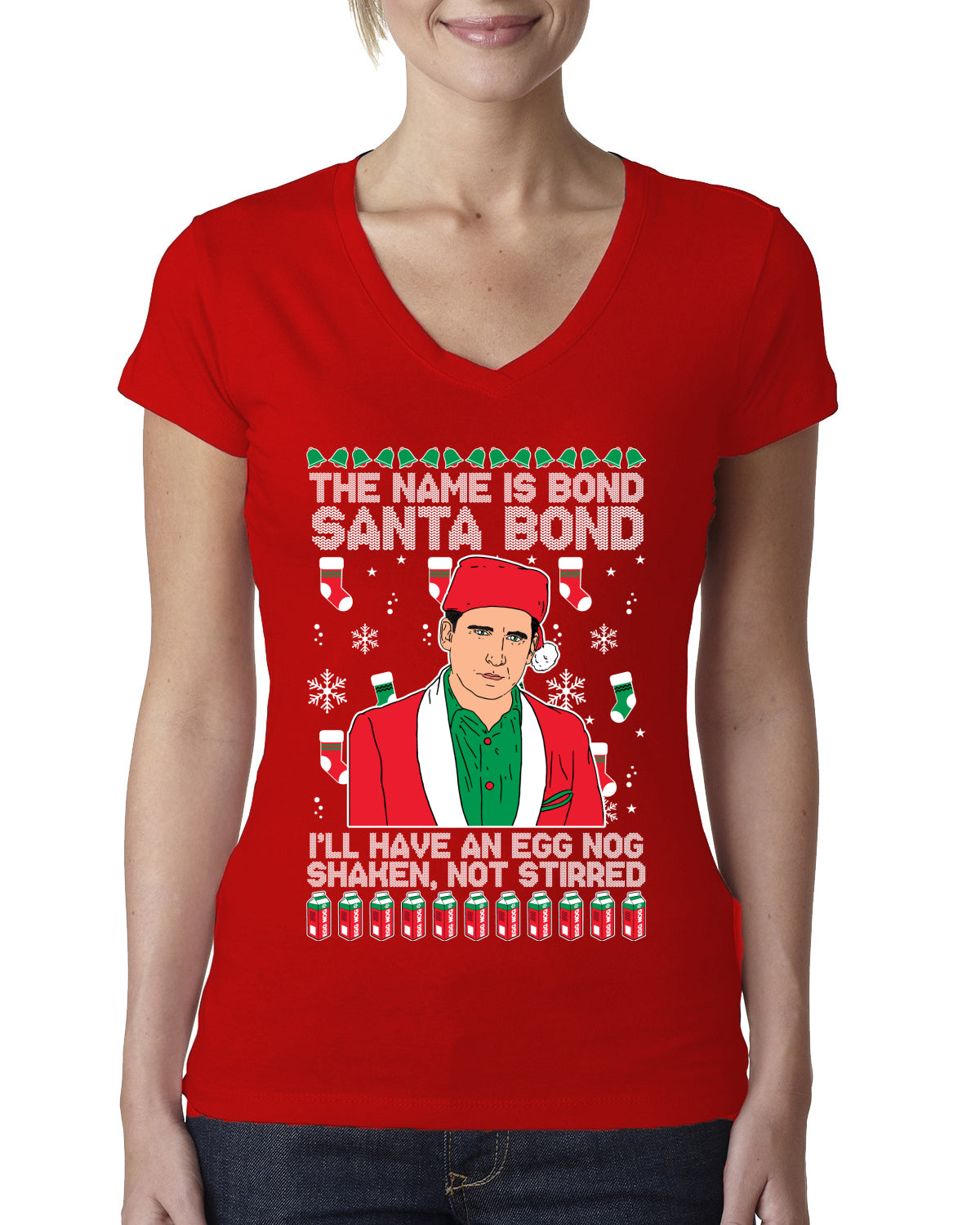 Michael Scott The Name is Bond Santa Bond Ugly Christmas Sweater Womens Junior Fit V-Neck Tee