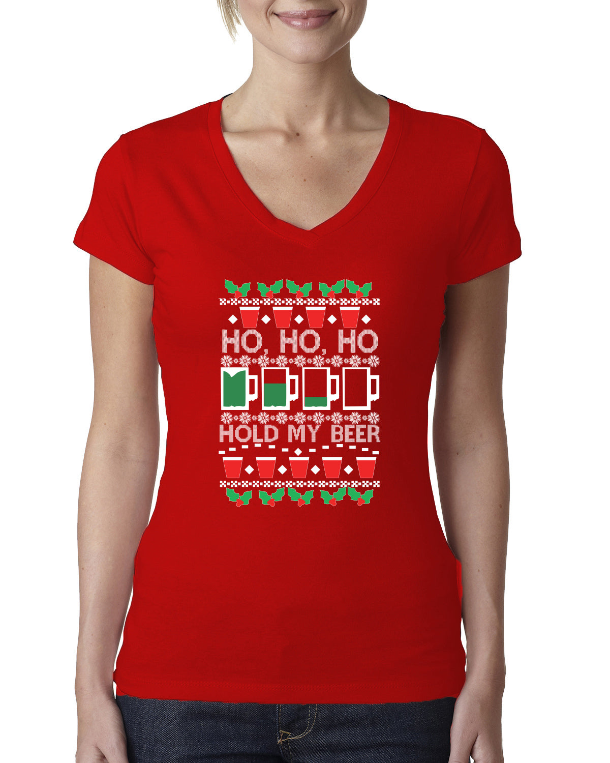 Ho Ho Ho Hold My Beer Funny Beer Drinking Xmas Christmas Womens Junior Fit V-Neck Tee