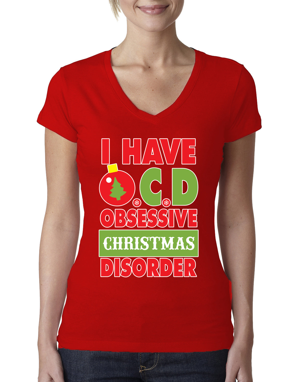 I Have O.C.D Obsessive Christmas Disorder Womens Junior Fit V-Neck Tee