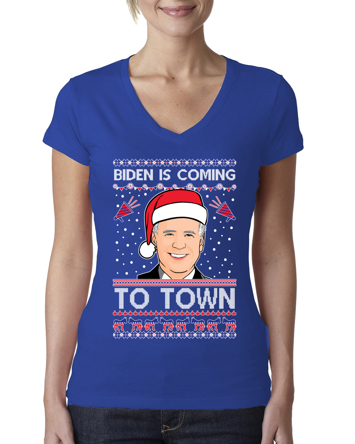 Biden Is Coming To Town Ugly Christmas Sweater Womens Junior Fit V-Neck Tee