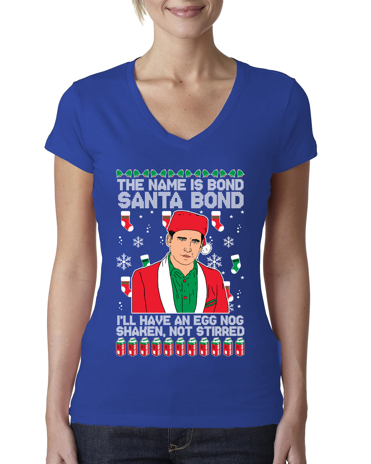 Michael Scott The Name is Bond Santa Bond Ugly Christmas Sweater Womens Junior Fit V-Neck Tee
