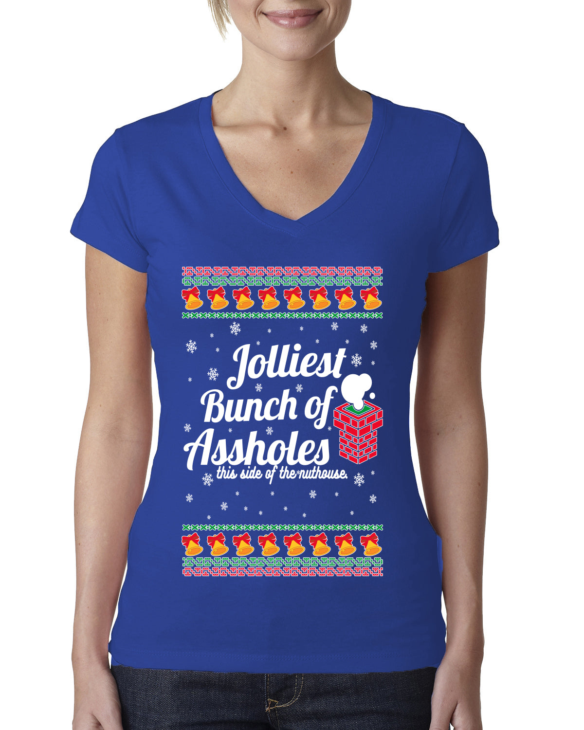 Jolliest Bunch of Assholes Xmas Movie Ugly Christmas Sweater Womens Junior Fit V-Neck Tee