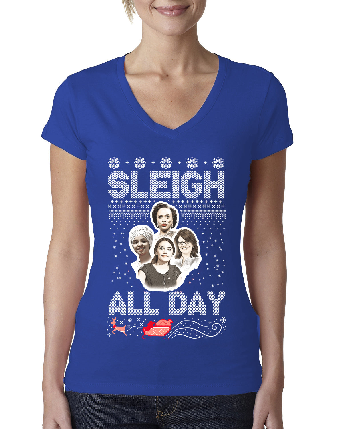 AOC The Squad Congresswomen Sleigh All Day Xmas Ugly Christmas Sweater Womens Junior Fit V-Neck Tee