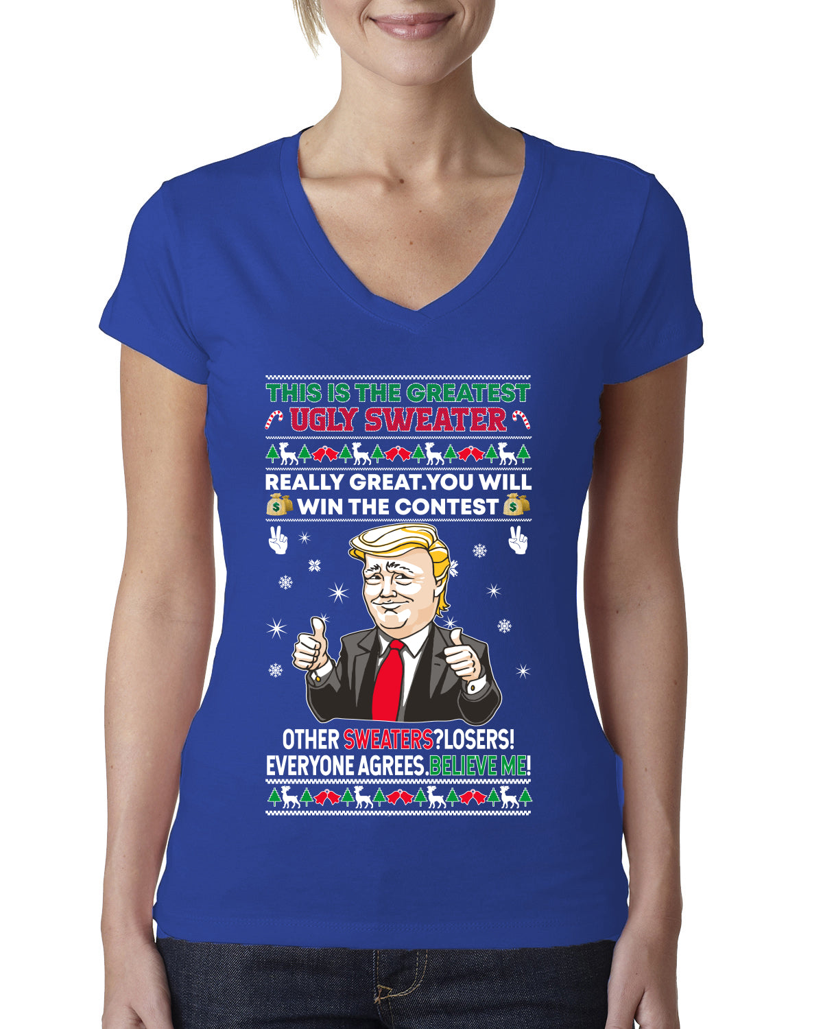 Trump This is the Greatest Ugly Christmas Sweater Womens Junior Fit V-Neck Tee