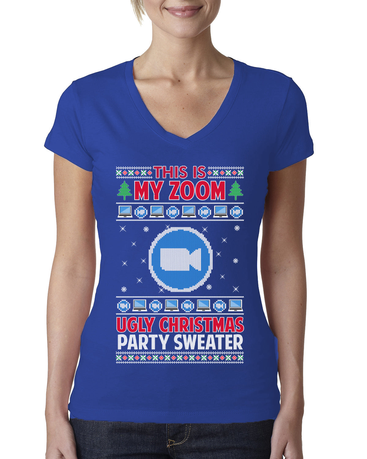 This Is My Zoom Ugly Christmas Party Sweater Ugly Christmas Sweater Womens Junior Fit V-Neck Tee