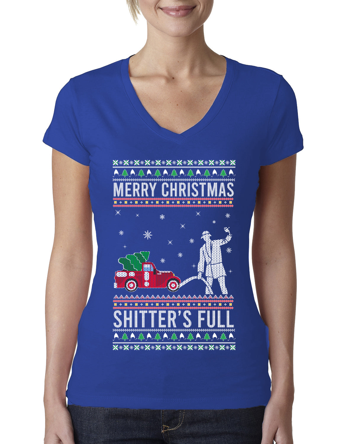 Merry Christmas Shitter's Full Christmas Vacation Ugly Christmas Sweater Womens Junior Fit V-Neck Tee