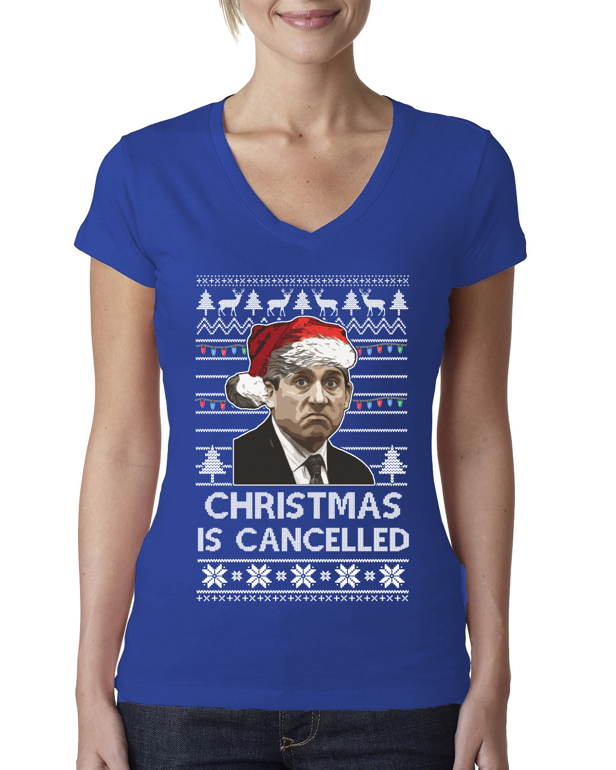 Christmas Is Cancelled Michael Scott Office Ugly Christmas Sweater Womens Junior Fit V-Neck Tee