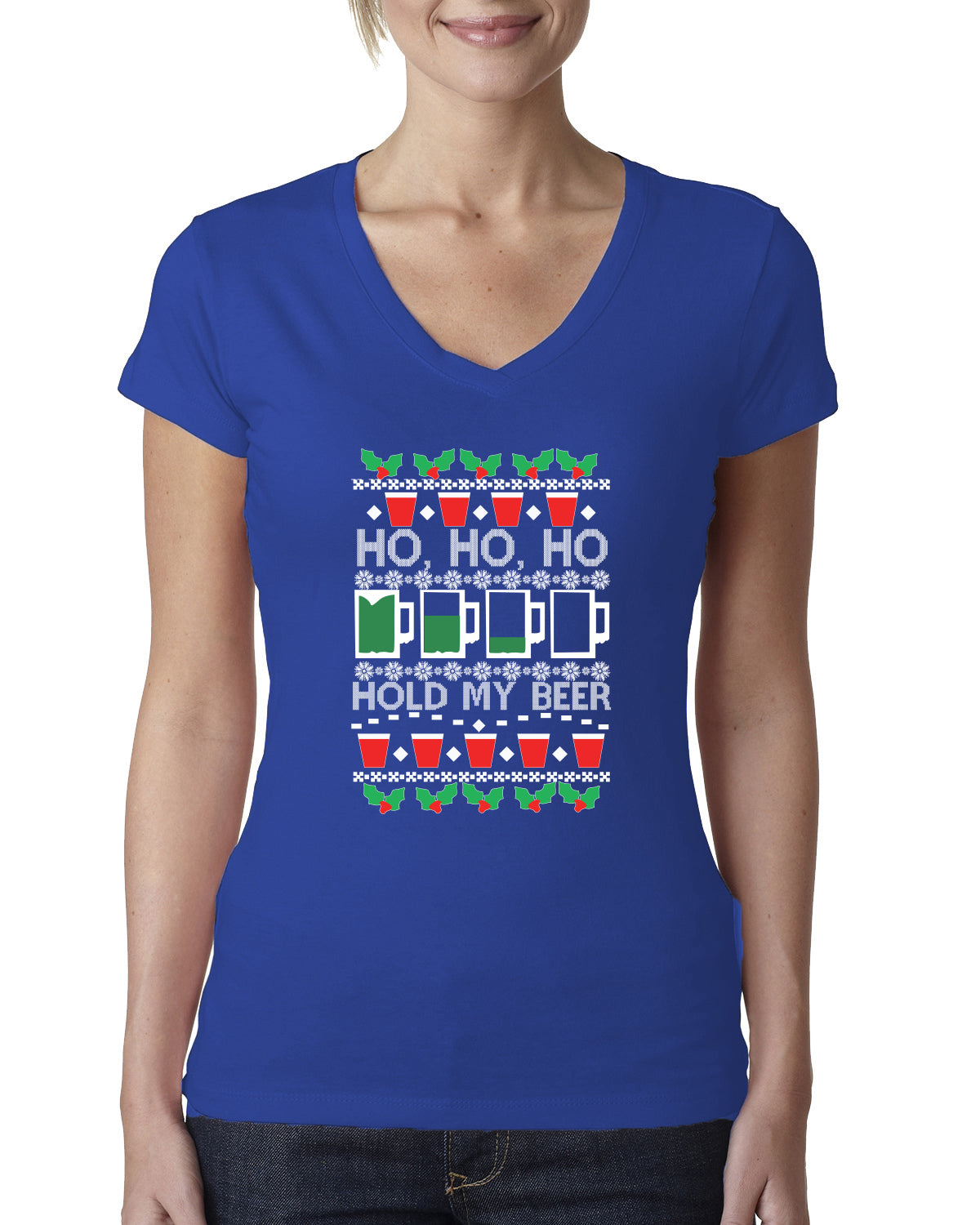 Ho Ho Ho Hold My Beer Funny Beer Drinking Xmas Christmas Womens Junior Fit V-Neck Tee