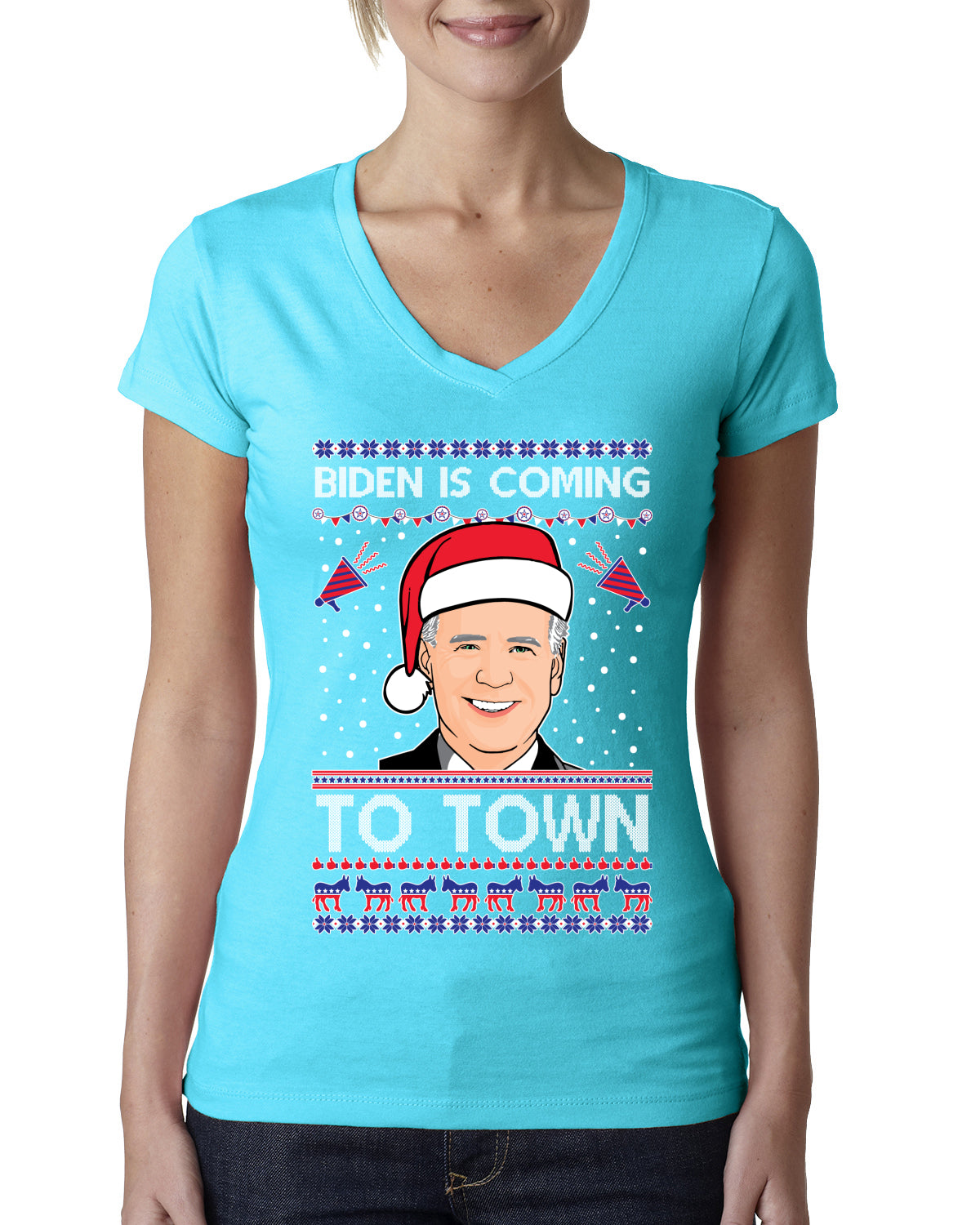 Biden Is Coming To Town Ugly Christmas Sweater Womens Junior Fit V-Neck Tee