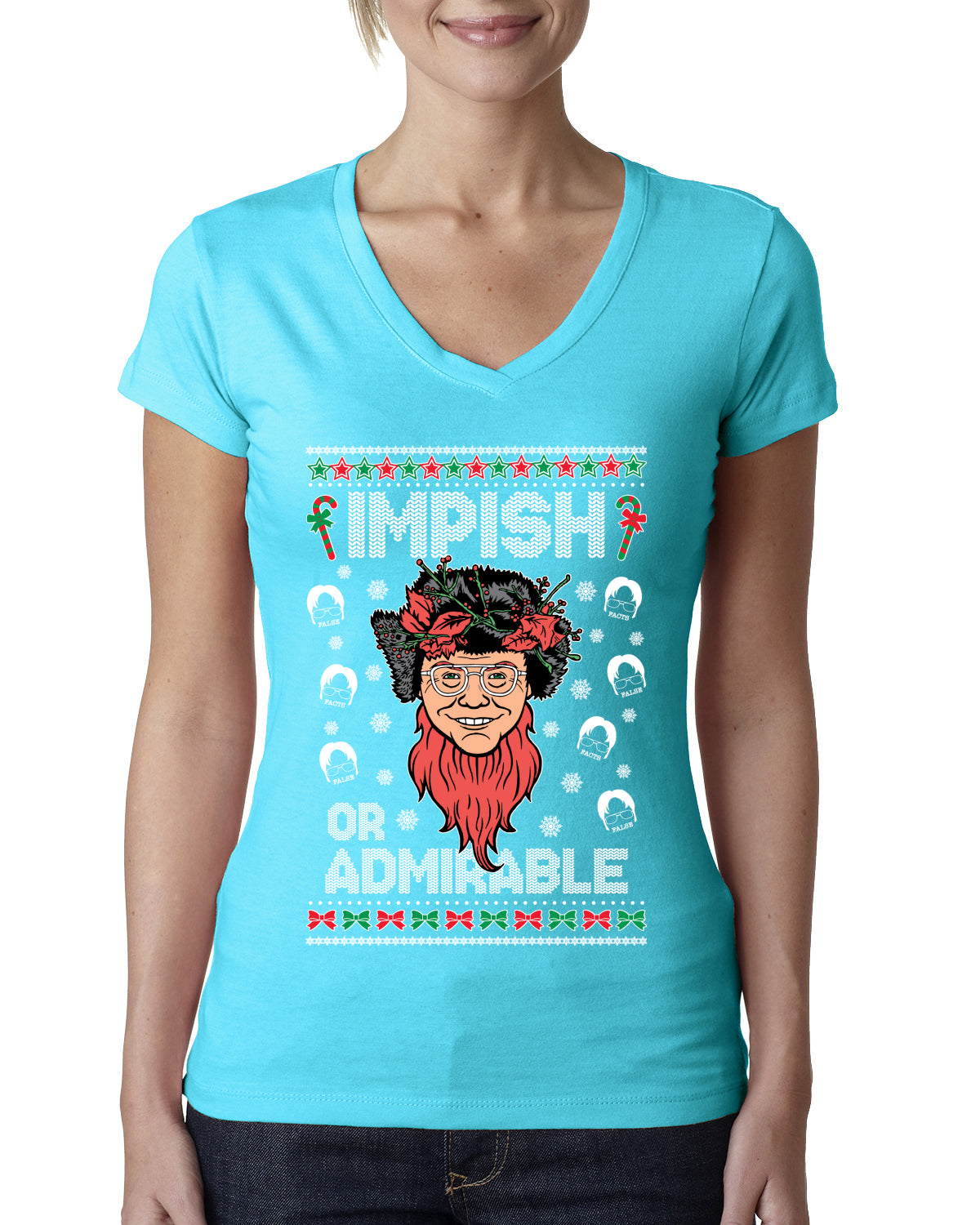 Impish or Admirable Dwight Schrute Ugly Christmas Sweater Womens Junior Fit V-Neck Tee