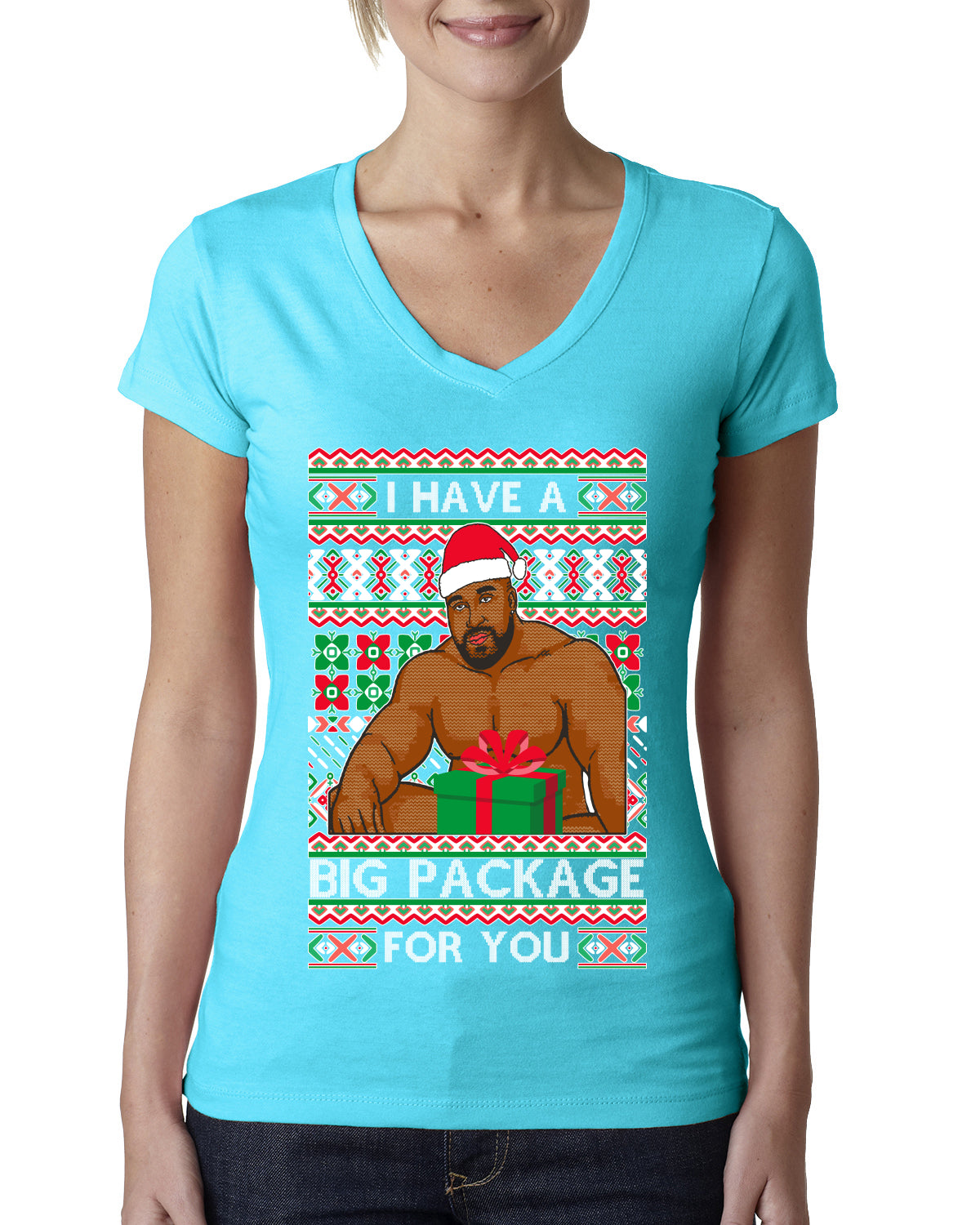 I have a Big package Meme Barry Wood Ugly Christmas Sweater Womens Junior Fit V-Neck Tee
