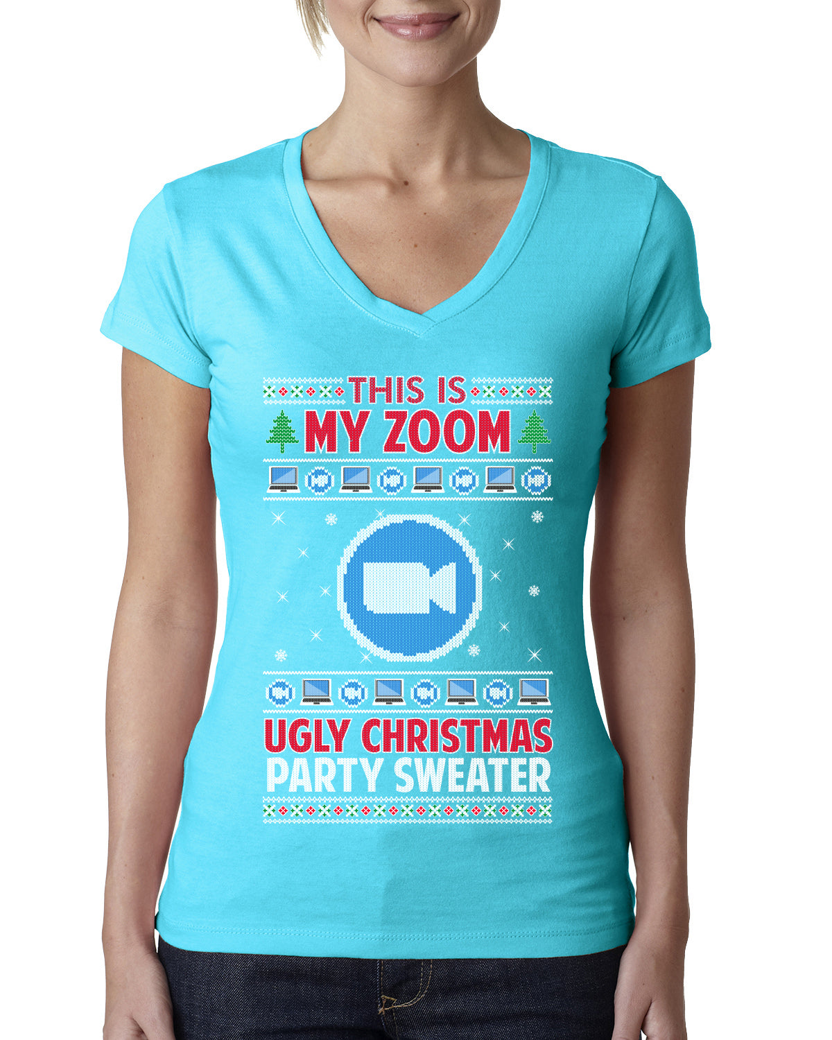 This Is My Zoom Ugly Christmas Party Sweater Ugly Christmas Sweater Womens Junior Fit V-Neck Tee