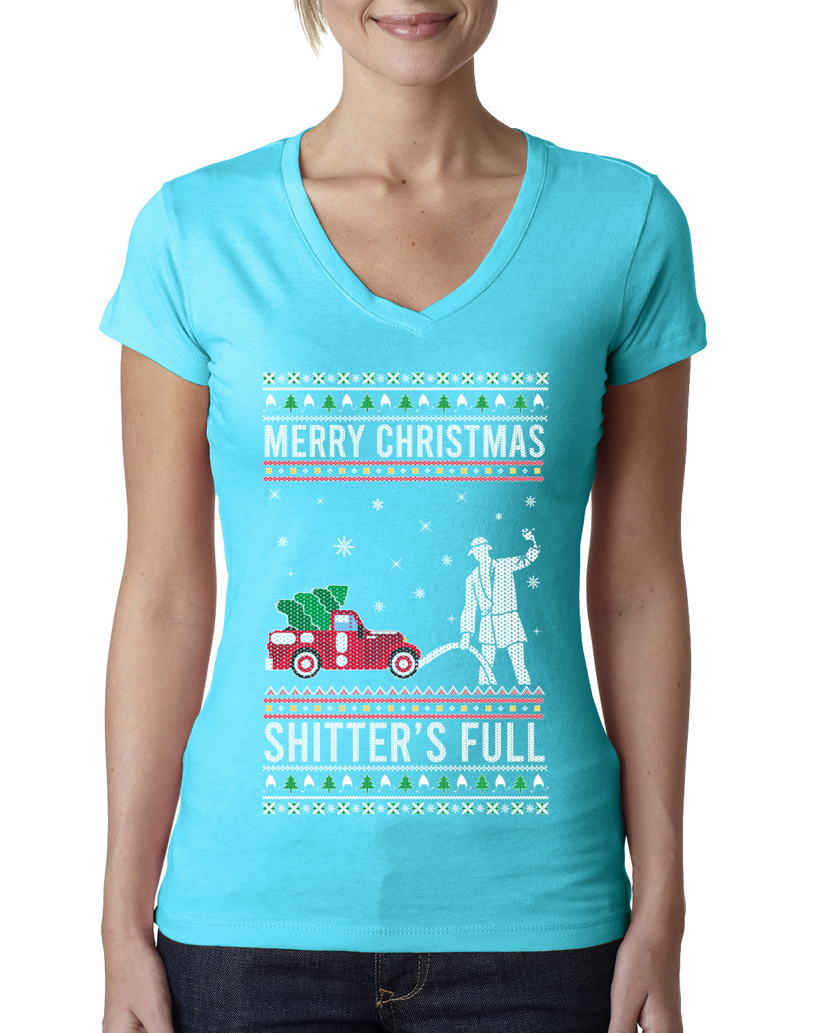 Merry Christmas Shitter's Full Christmas Vacation Ugly Christmas Sweater Womens Junior Fit V-Neck Tee