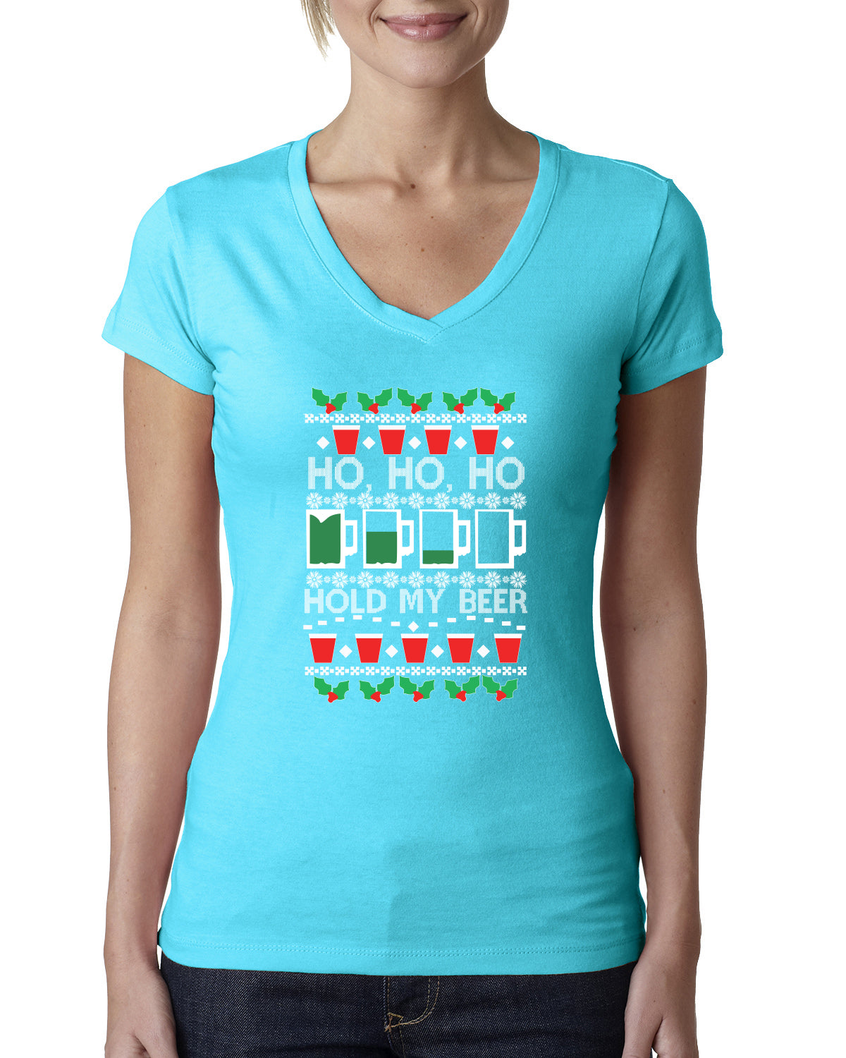Ho Ho Ho Hold My Beer Funny Beer Drinking Xmas Christmas Womens Junior Fit V-Neck Tee