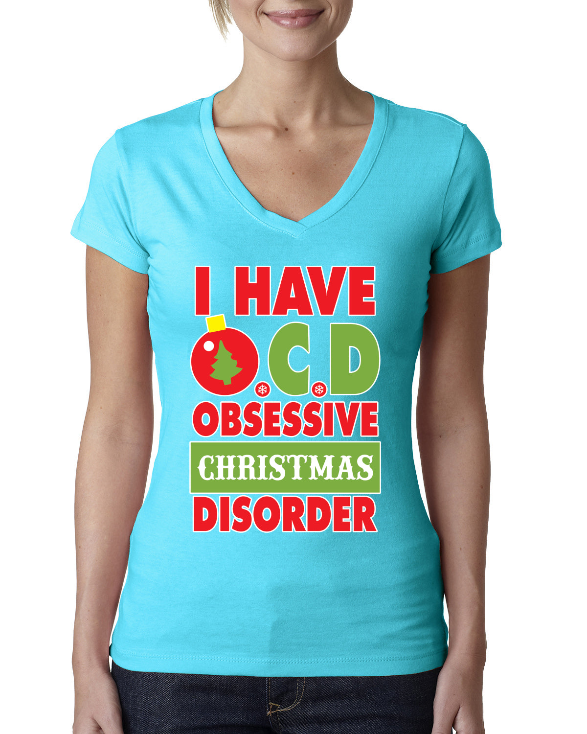 I Have O.C.D Obsessive Christmas Disorder Womens Junior Fit V-Neck Tee