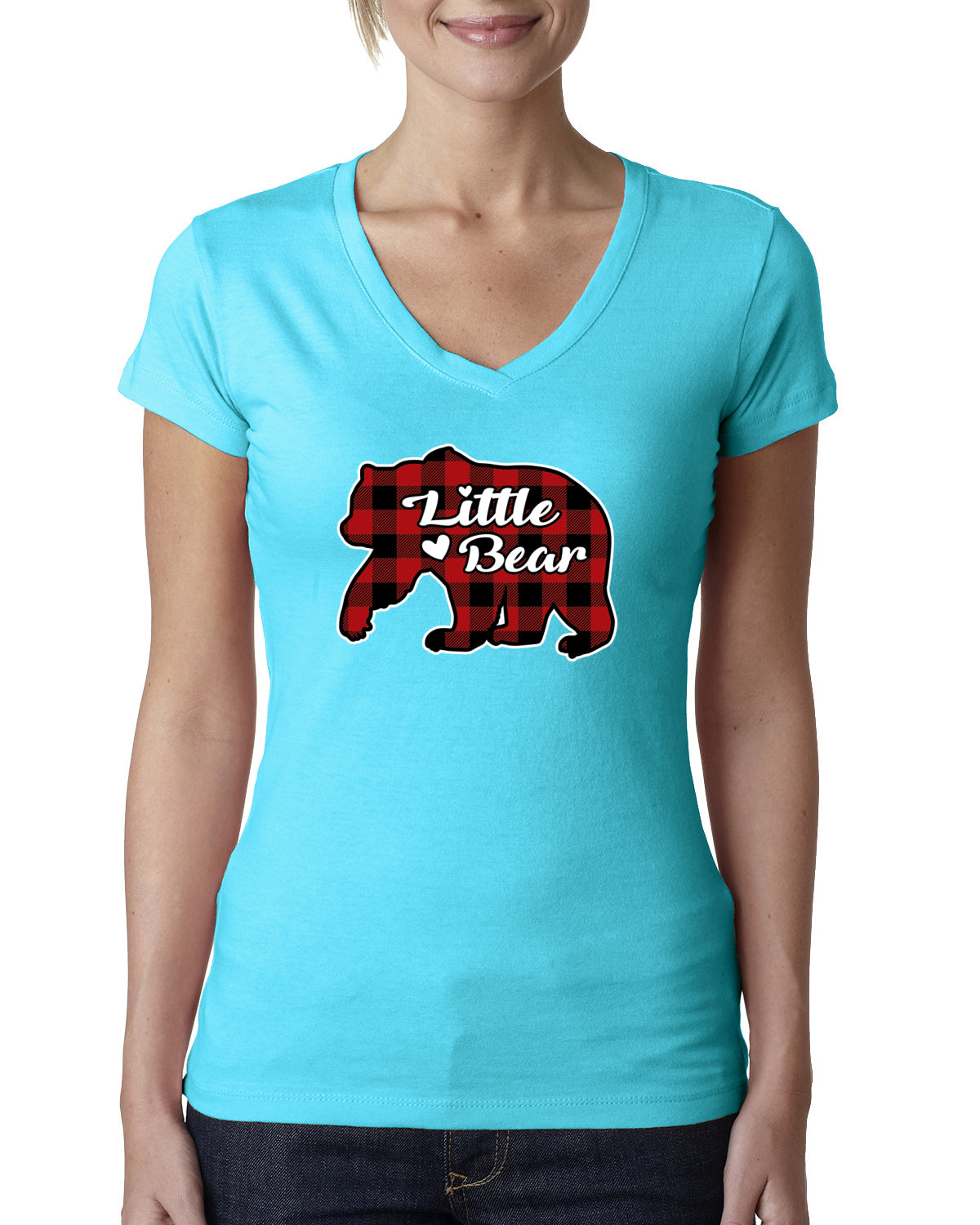 Baby Bear Cool Plaid Matching Design Christmas Womens Junior Fit V-Neck Tee